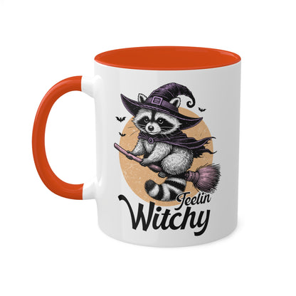 Siéntete como una bruja con un adorable mapache: taza colorida de Halloween de 11 oz