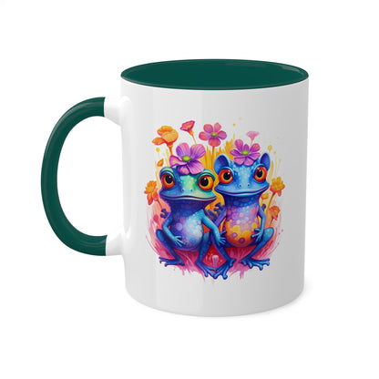 Two Cute Blue Little Frogs With Flowers - 11 oz Colorful Coffee Mug