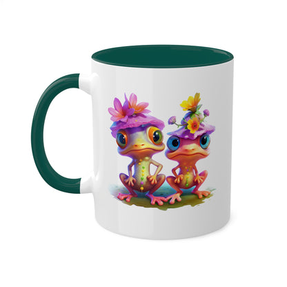 Two Adorable Little Frogs With Pretty Flowers - 11 oz Colorful Coffee Mug