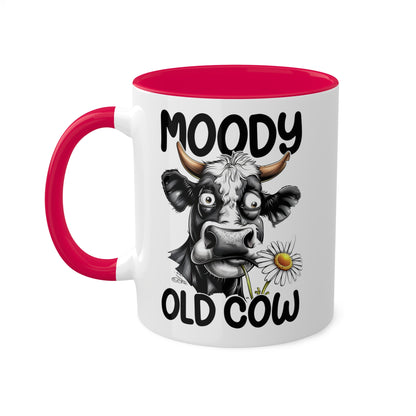 Taza de café divertida y colorida de 11 oz con la frase "Moody Old Cow"