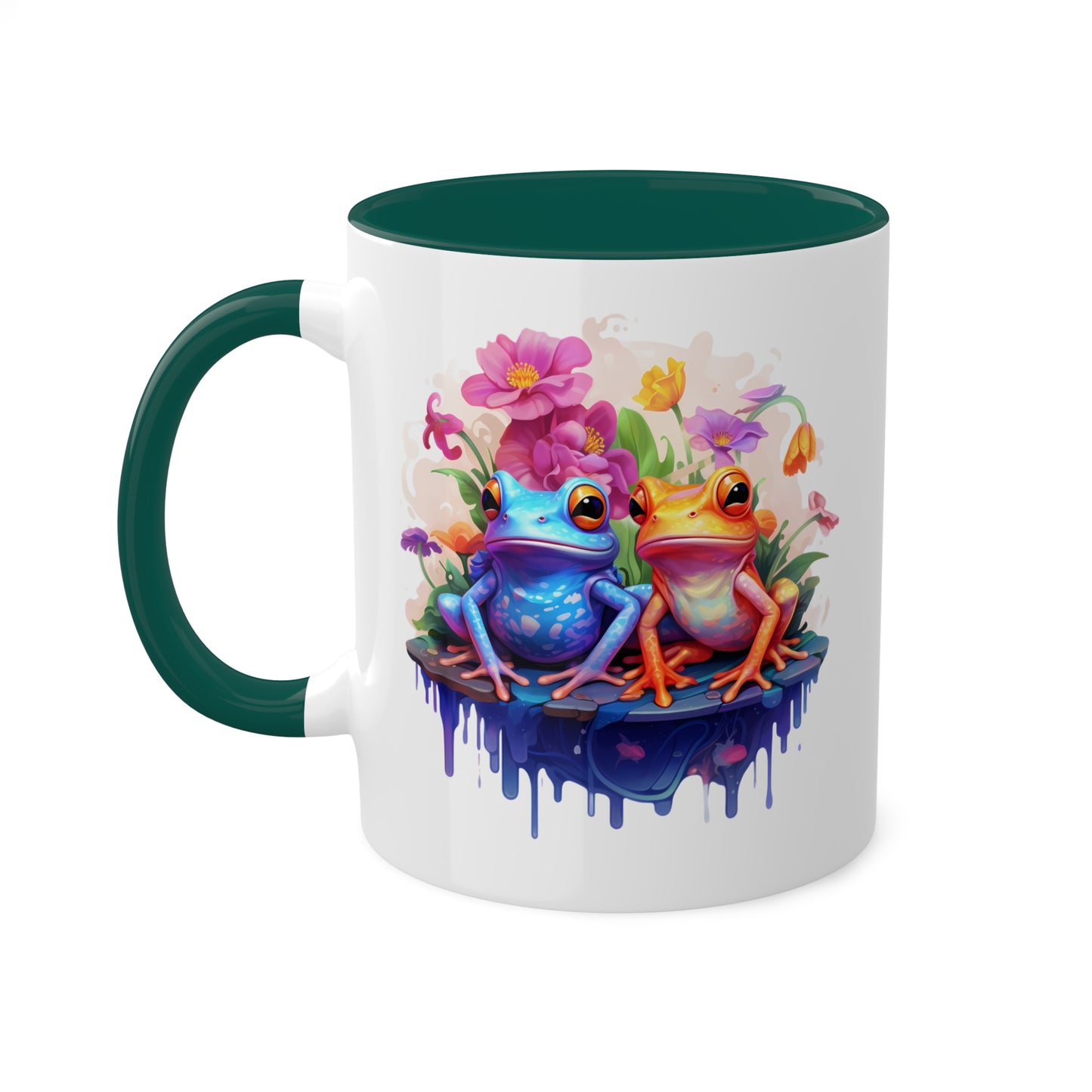 Cute Little Frogs Sitting With Pretty Flowers - 11oz Colorful & Fun Mug