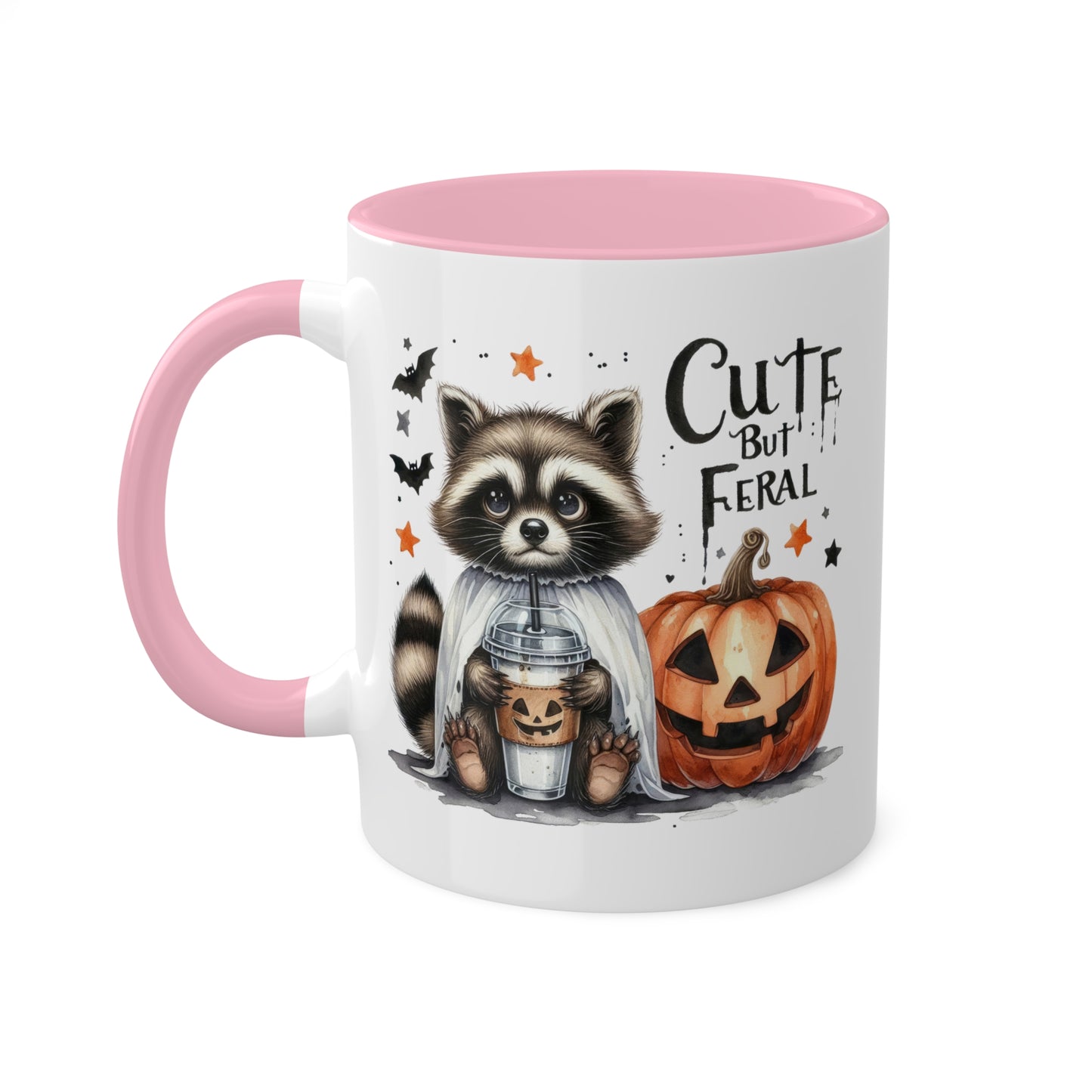 Cute But Feral - Adorable Raccoon with Latte And Pumpkin - 11oz Colorful Halloween Mug