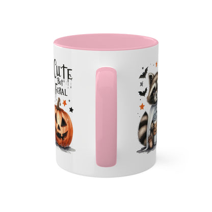 Cute But Feral - Adorable Raccoon with Latte And Pumpkin - 11oz Colorful Halloween Mug