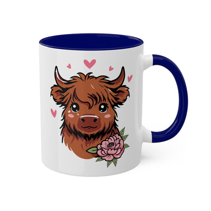 Cute Highland Cow With Flower and Pink Hearts - 11oz Colorful Mug