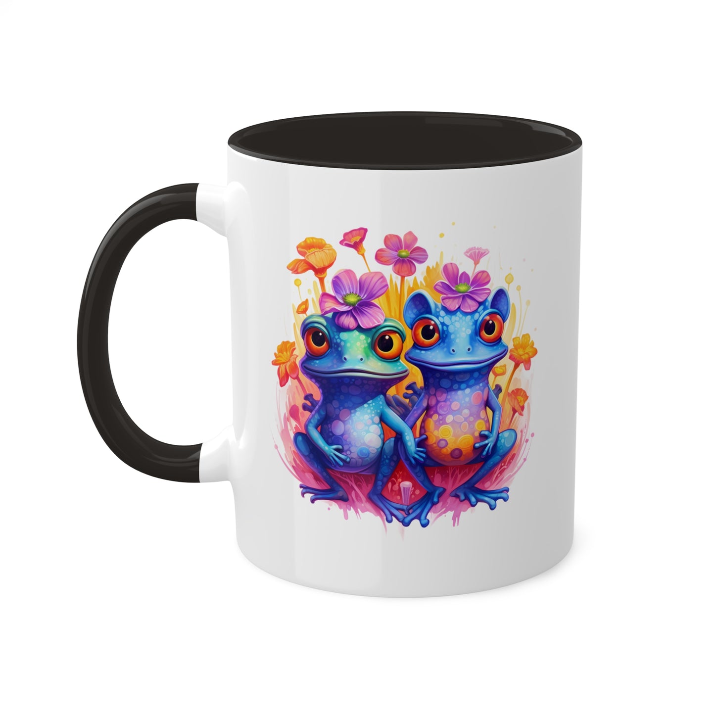 Two Cute Blue Little Frogs With Flowers - 11 oz Colorful Coffee Mug