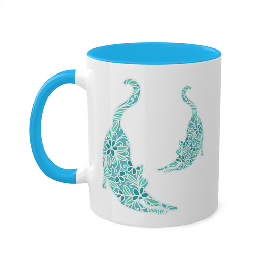 Cute Blue Green Cat With Flowers - 11oz Colorful Mug