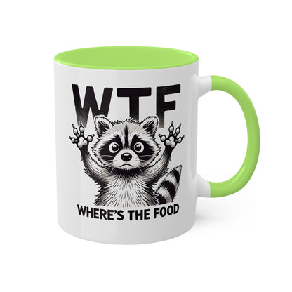 "WTF Where's The Food" Coffee Mug With Cute Raccoon, 11 oz