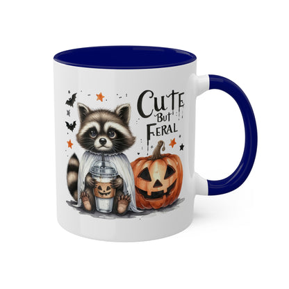 Cute But Feral - Adorable Raccoon with Latte And Pumpkin - 11oz Colorful Halloween Mug