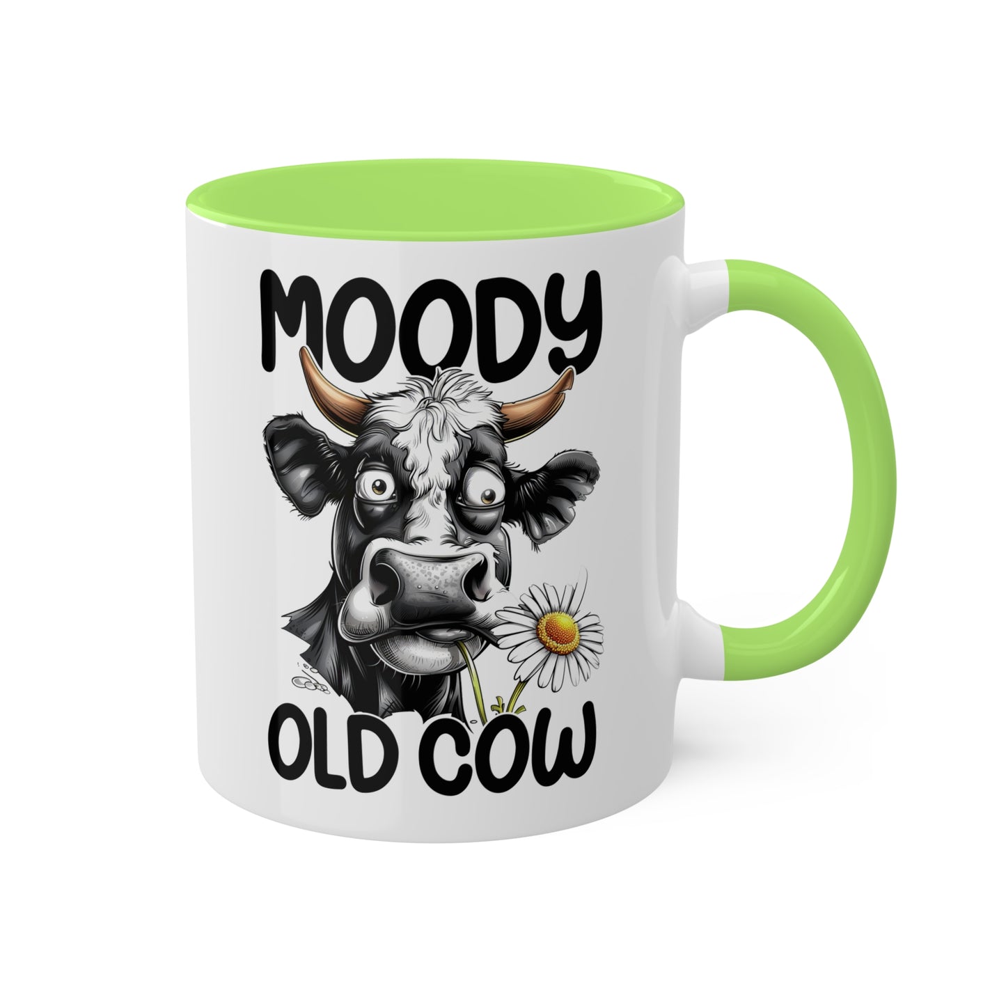 Taza de café divertida y colorida de 11 oz con la frase "Moody Old Cow"