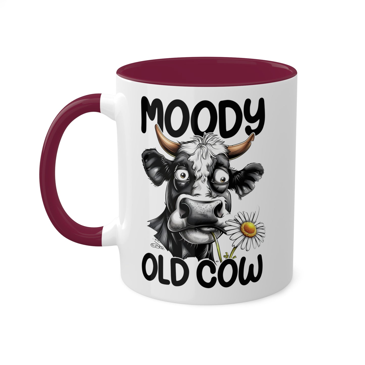 Taza de café divertida y colorida de 11 oz con la frase "Moody Old Cow"