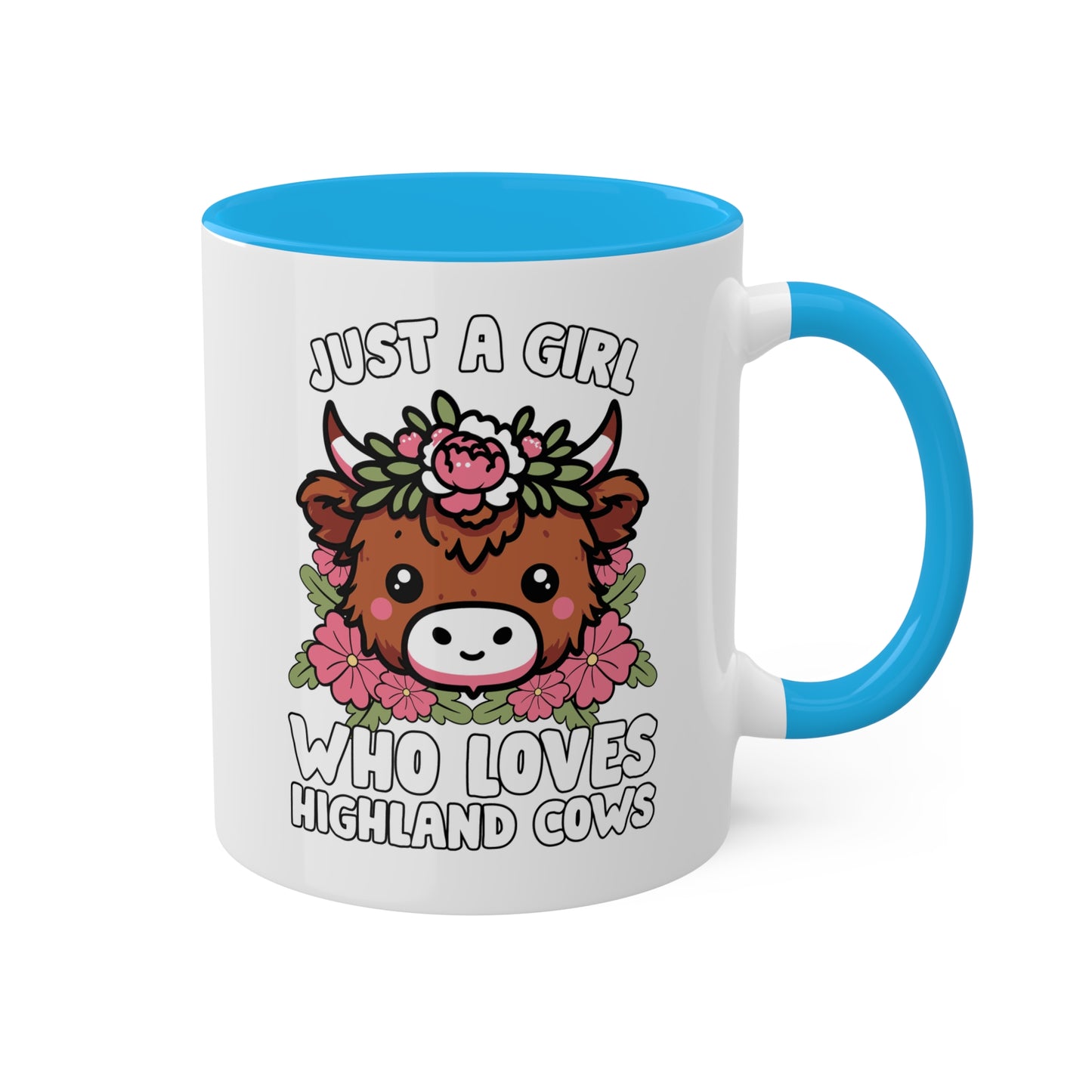 Solo una chica que ama las vacas de las Tierras Altas con flores rosas - Taza colorida de 11 oz