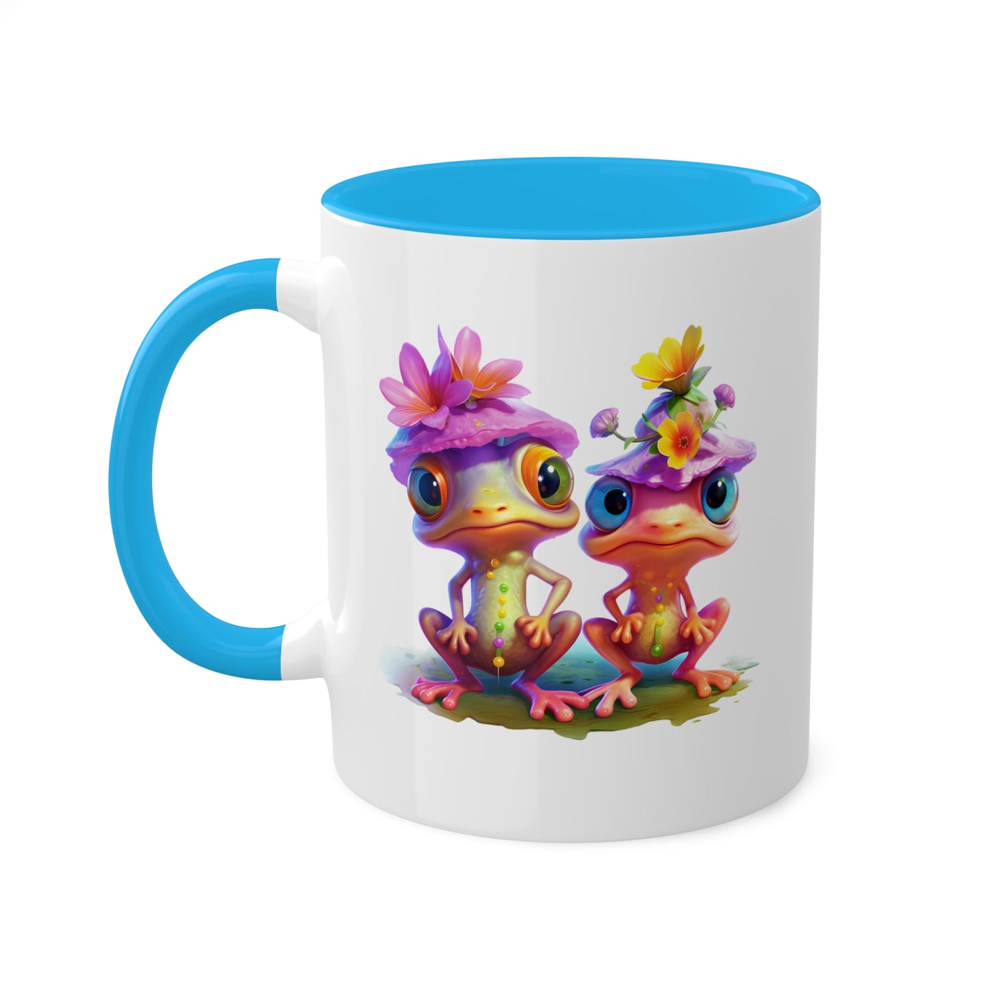 Two Adorable Little Frogs With Pretty Flowers - 11 oz Colorful Coffee Mug