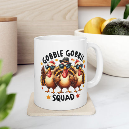 Taza de café Gobble Gobble Squad con motivo del Día de Acción de Gracias (11 oz, 15 oz)