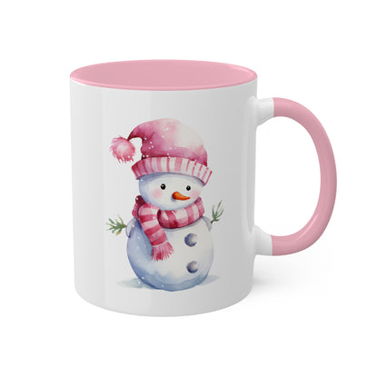 Lindo muñeco de nieve navideño rosa con sombrero - Taza de regalo navideña de 11 oz