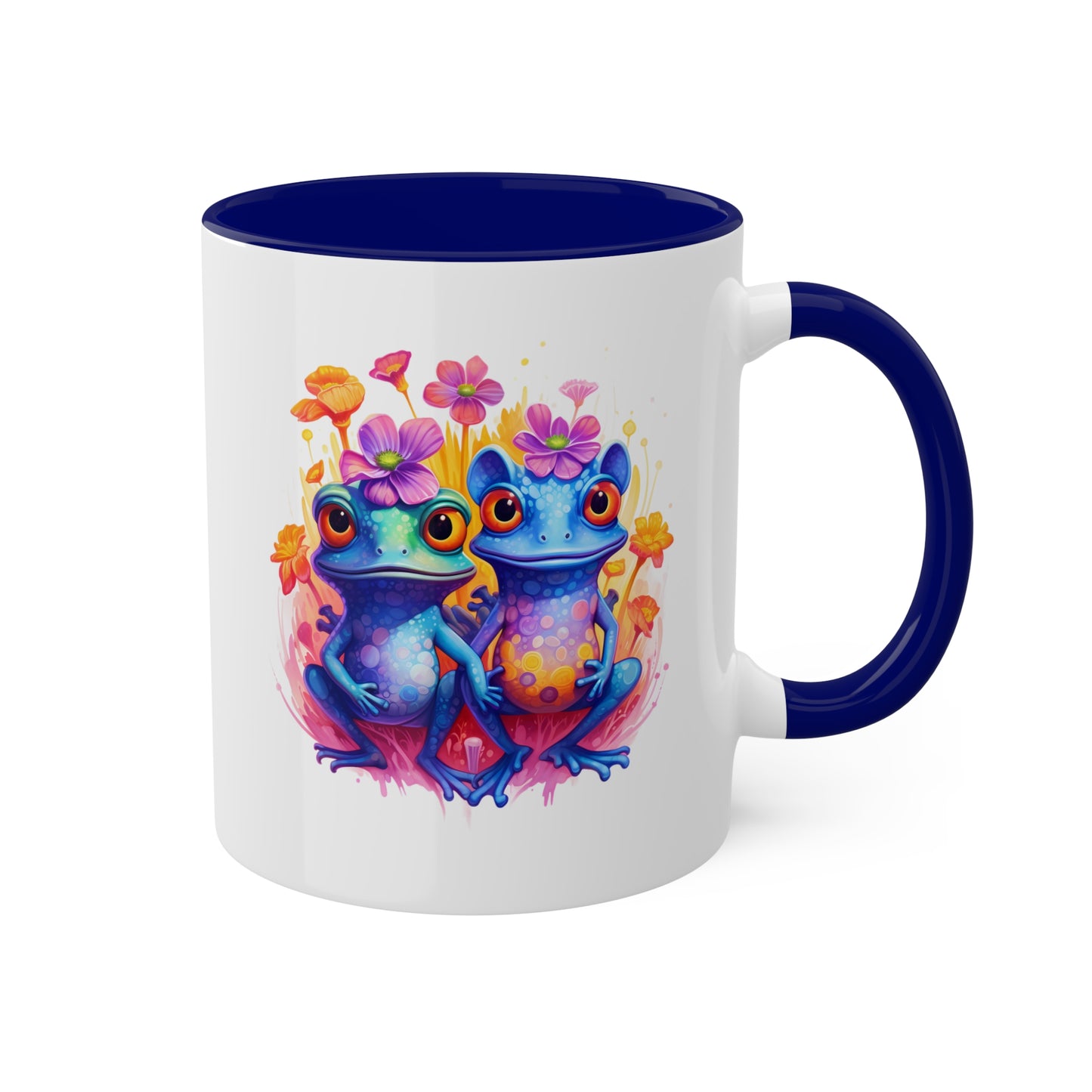 Two Cute Blue Little Frogs With Flowers - 11 oz Colorful Coffee Mug