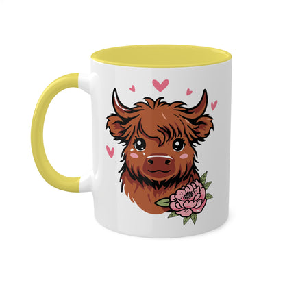 Cute Highland Cow With Flower and Pink Hearts - 11oz Colorful Mug