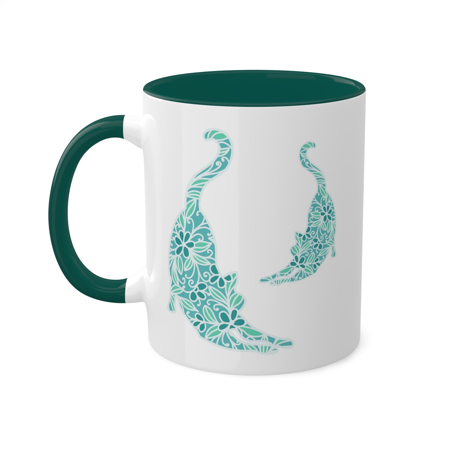 Cute Blue Green Cat With Flowers - 11oz Colorful Mug