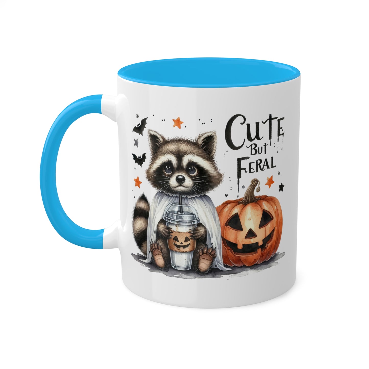 Cute But Feral - Adorable Raccoon with Latte And Pumpkin - 11oz Colorful Halloween Mug