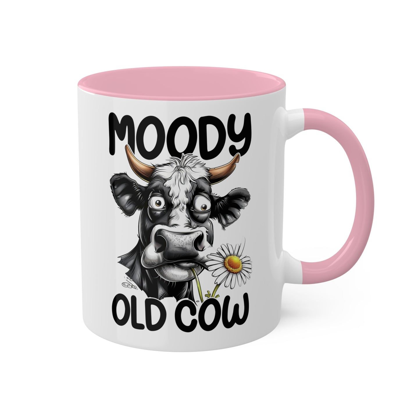 Taza de café divertida y colorida de 11 oz con la frase "Moody Old Cow"