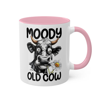 Taza de café divertida y colorida de 11 oz con la frase "Moody Old Cow"