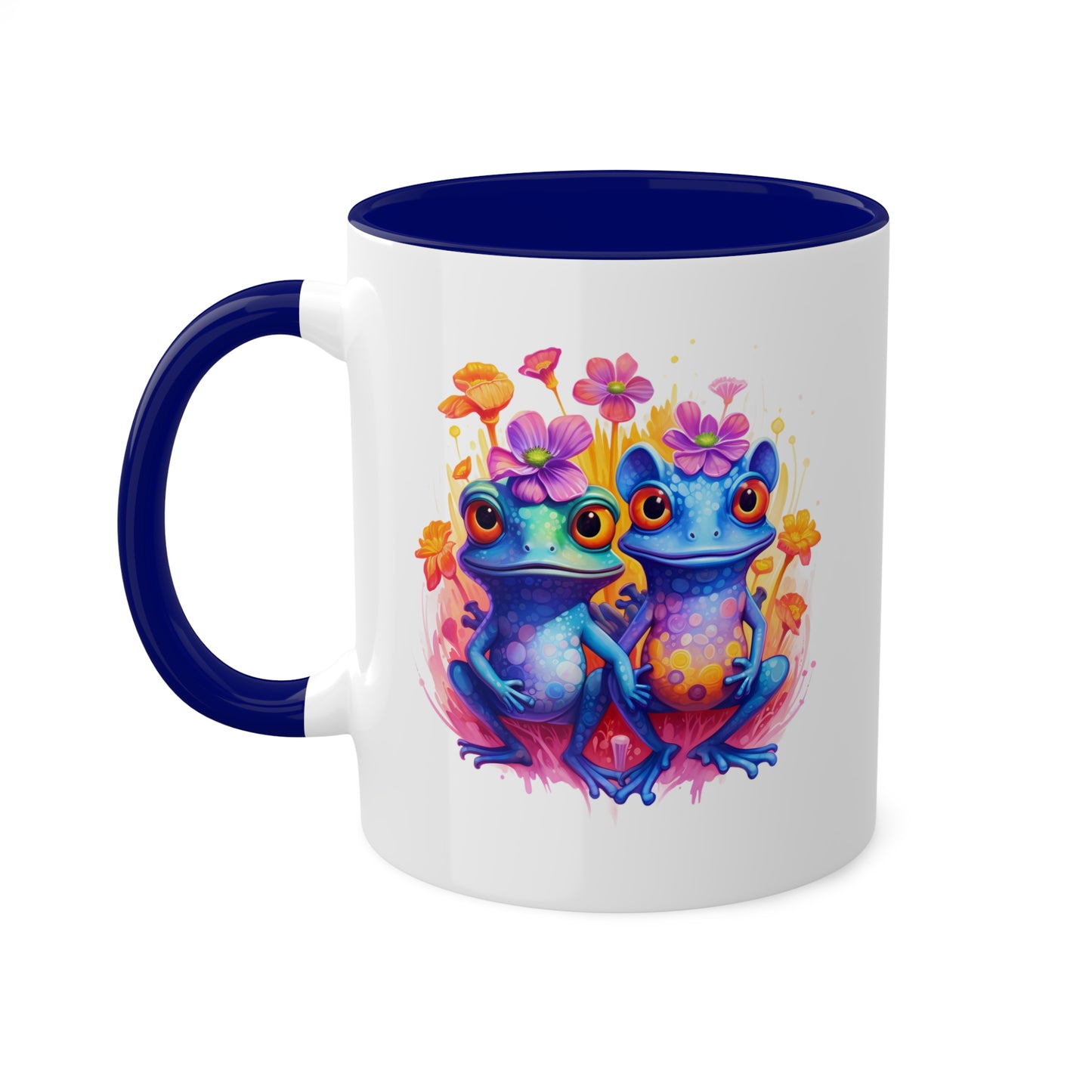 Two Cute Blue Little Frogs With Flowers - 11 oz Colorful Coffee Mug