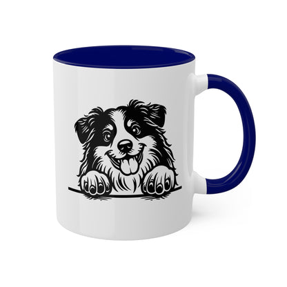 Taza de café colorida de 11 oz con cara de perro pastor americano en miniatura