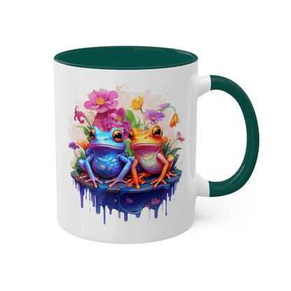 Cute Little Frogs Sitting With Pretty Flowers - 11oz Colorful & Fun Mug