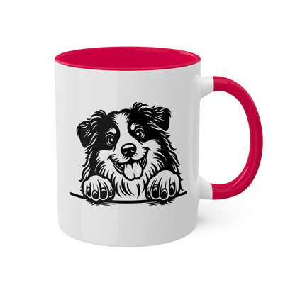 Taza de café colorida de 11 oz con cara de perro pastor americano en miniatura