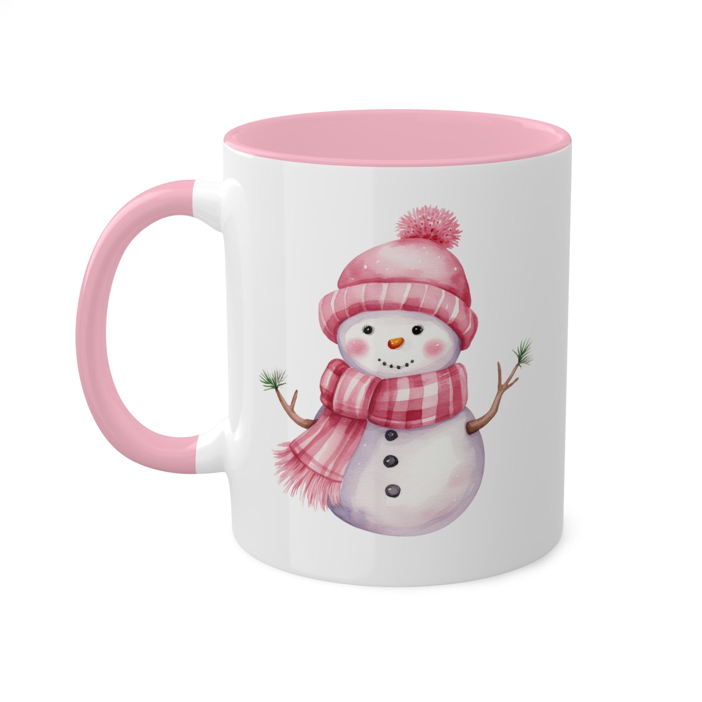 Lindo muñeco de nieve navideño rosa - Taza de regalo navideña de 11 oz