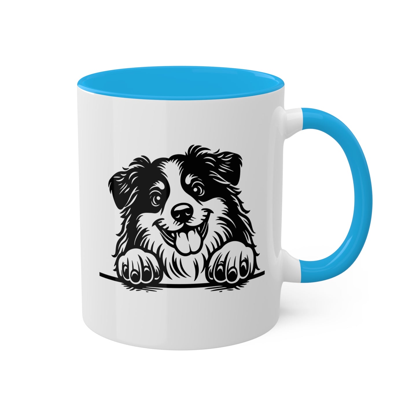 Taza de café colorida de 11 oz con cara de perro pastor americano en miniatura