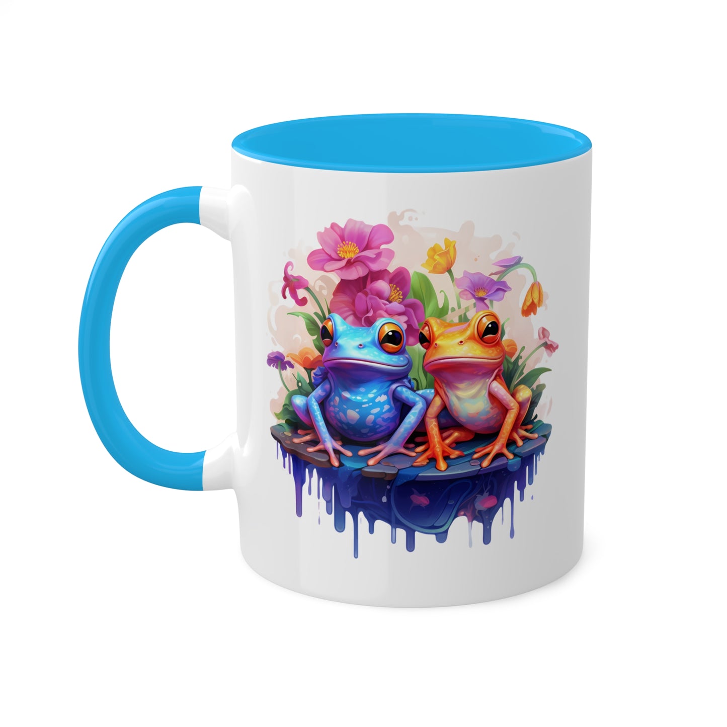 Cute Little Frogs Sitting With Pretty Flowers - 11oz Colorful & Fun Mug