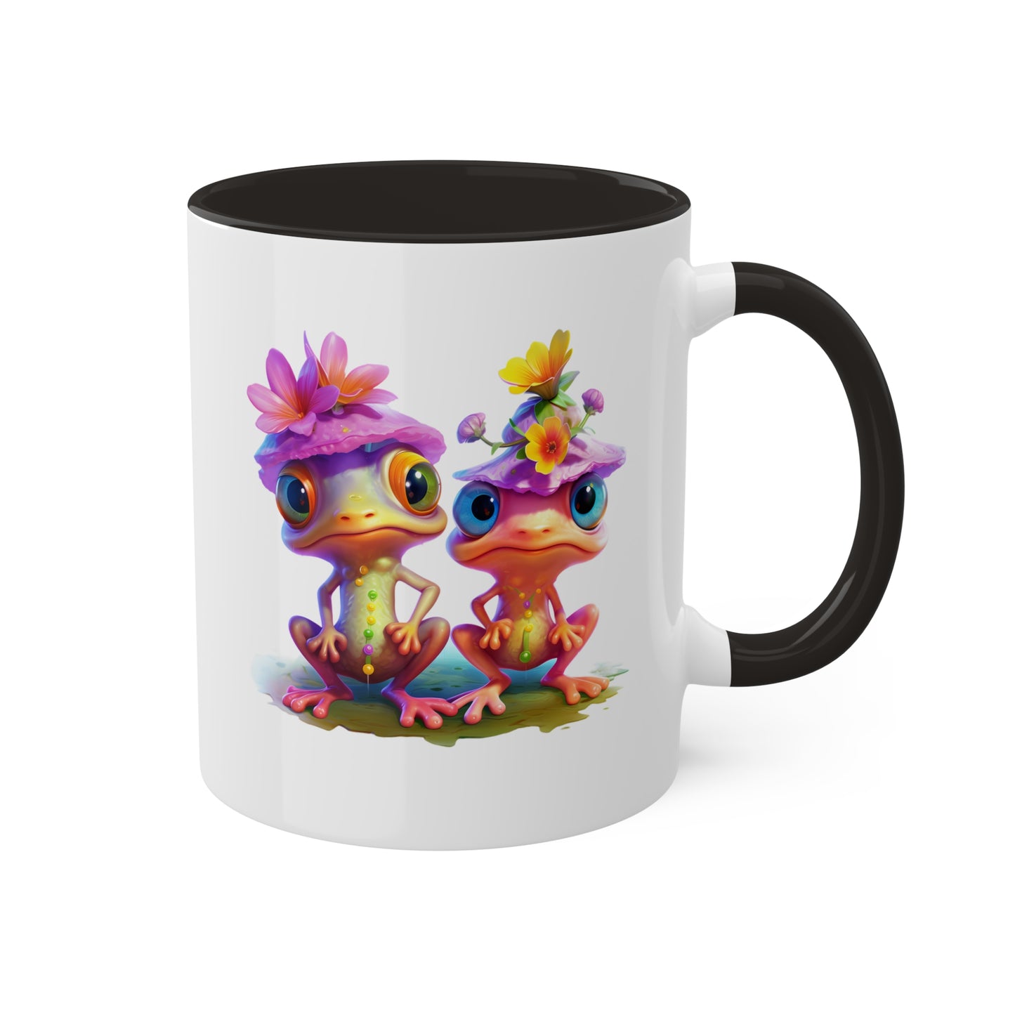 Two Adorable Little Frogs With Pretty Flowers - 11 oz Colorful Coffee Mug