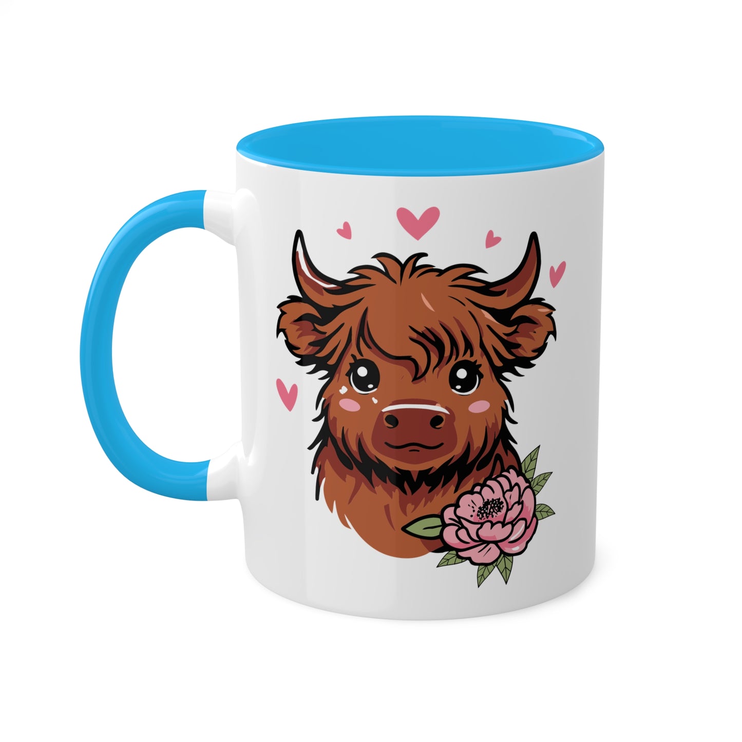 Cute Highland Cow With Flower and Pink Hearts - 11oz Colorful Mug