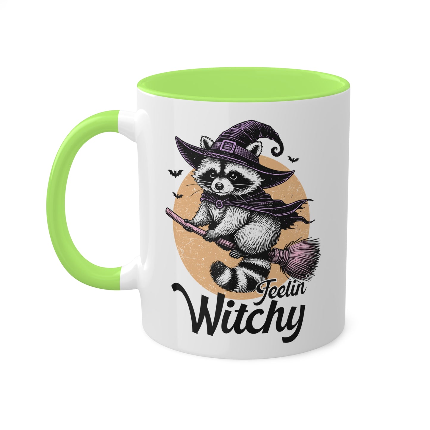 Siéntete como una bruja con un adorable mapache: taza colorida de Halloween de 11 oz