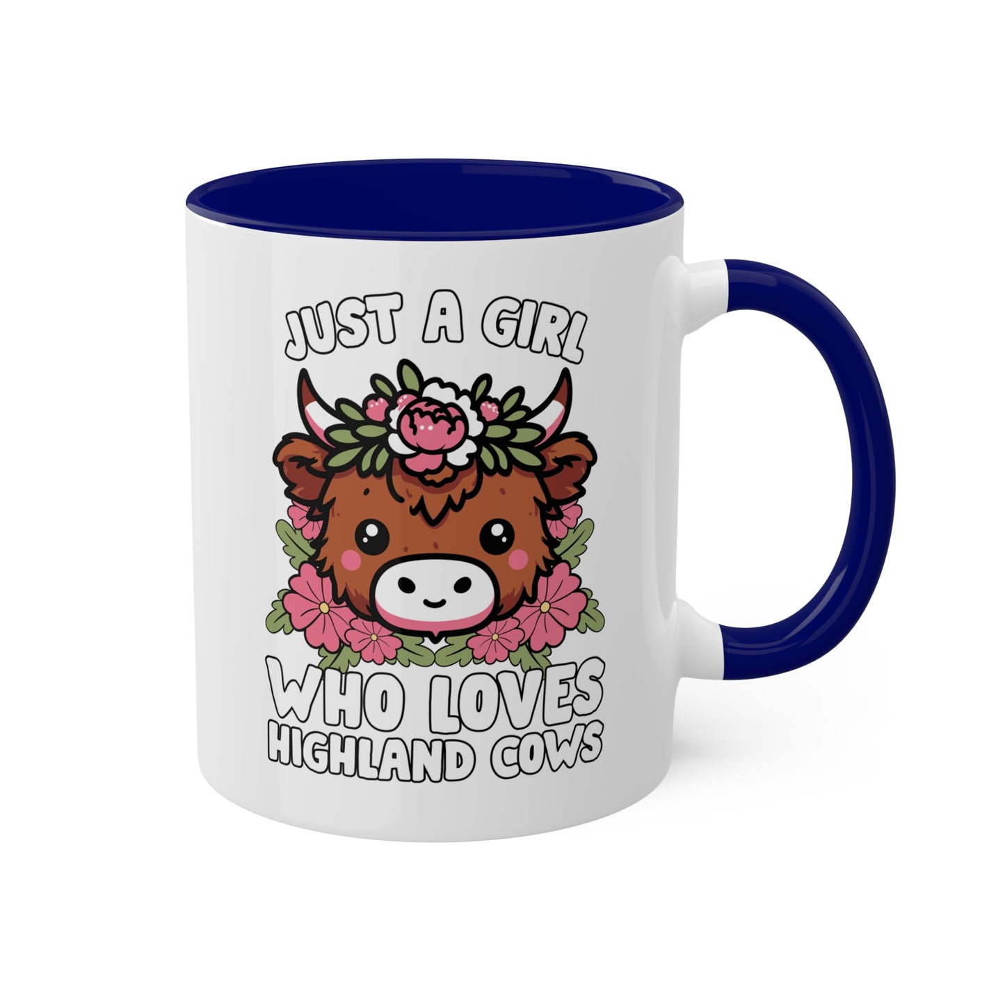 Solo una chica que ama las vacas de las Tierras Altas con flores rosas - Taza colorida de 11 oz