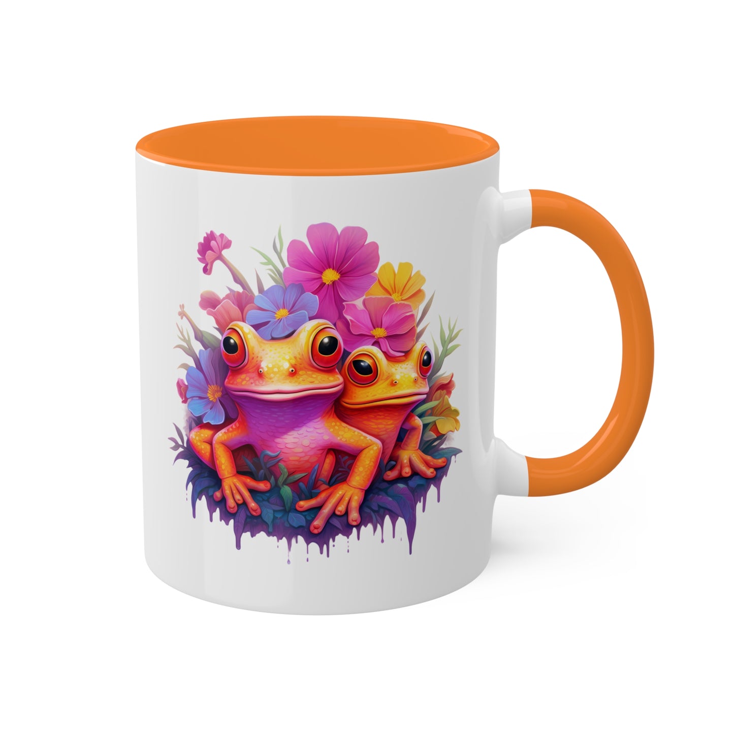 Two Cute Orange Frogs With Flowers - 11 oz Colorful Coffee Mug