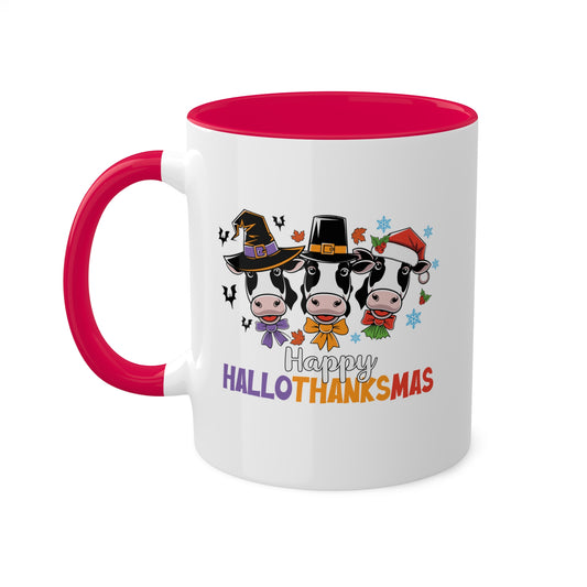 HAPPY HALLOTHANKSMAS WITH THREE CUTE COWS - 11 oz Colorful Mug