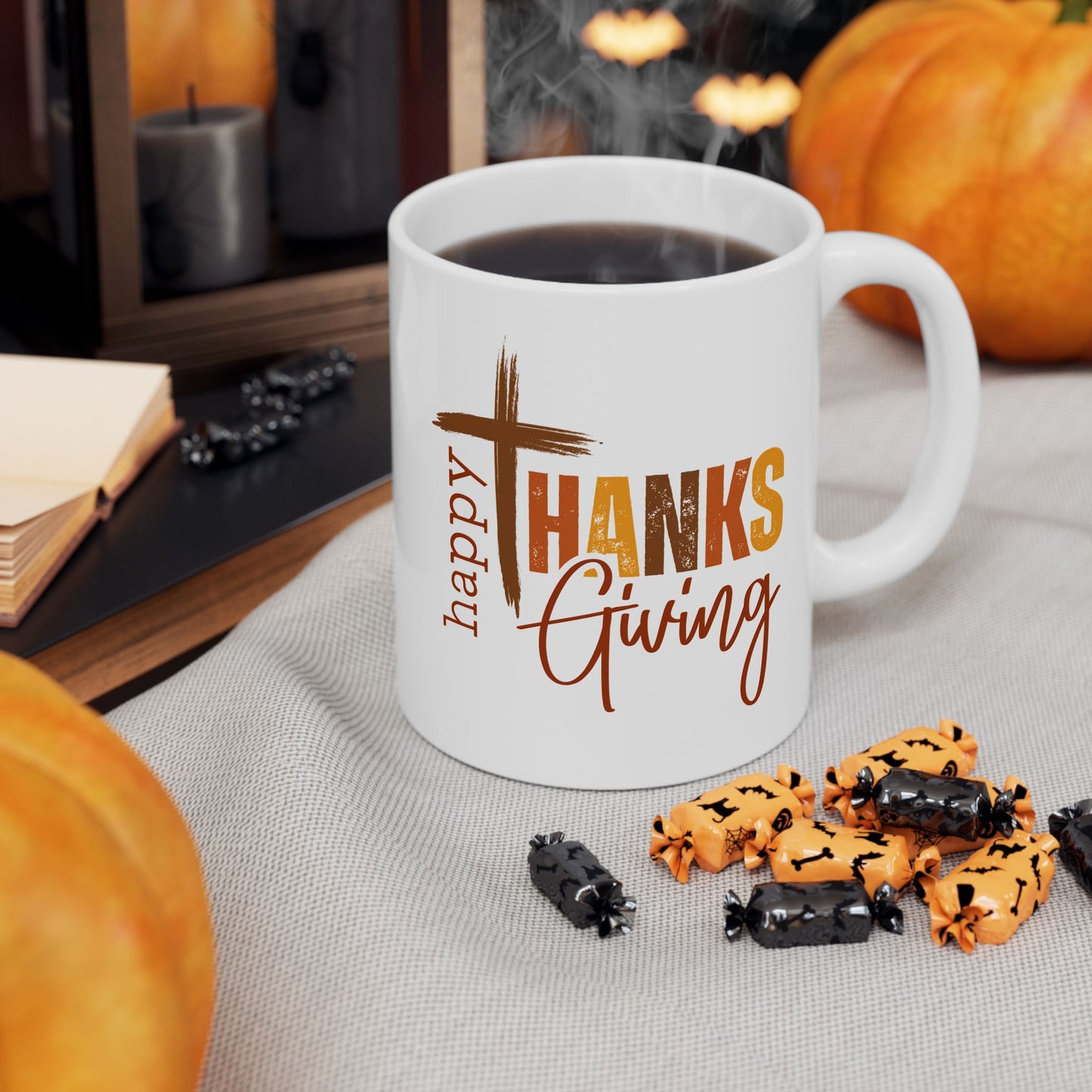 Taza de café con texto en inglés "Happy Thanksgiving" (11 oz, 15 oz)