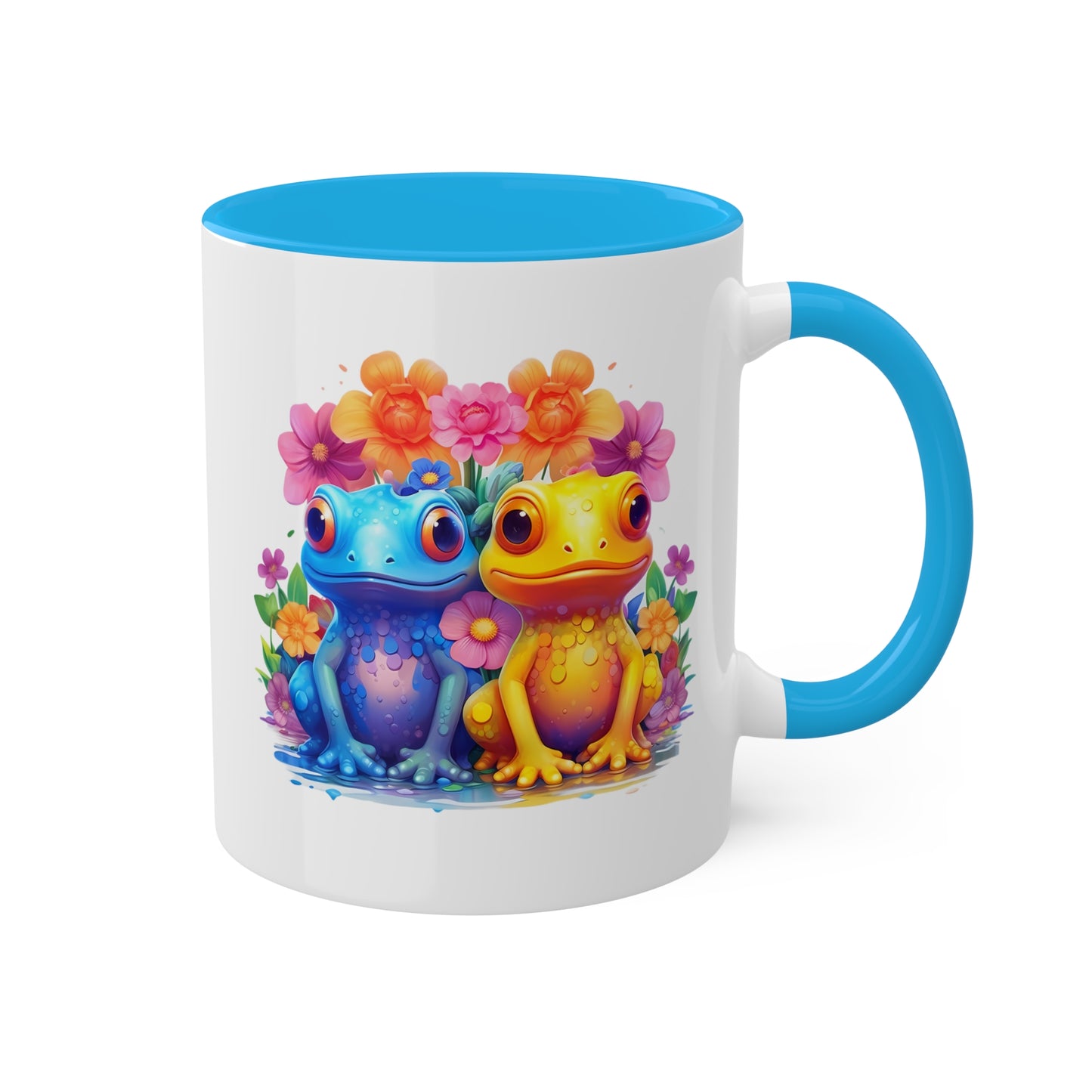 Dos adorables ranitas sentadas en un jardín - Taza de café colorida de 11 oz