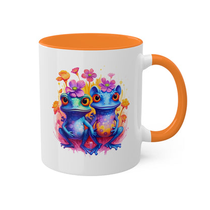 Two Cute Blue Little Frogs With Flowers - 11 oz Colorful Coffee Mug