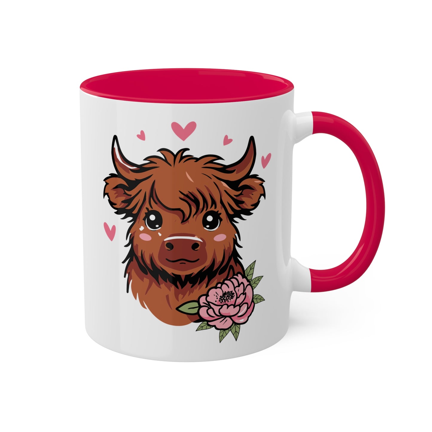 Cute Highland Cow With Flower and Pink Hearts - 11oz Colorful Mug