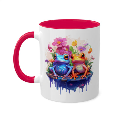 Cute Little Frogs Sitting With Pretty Flowers - 11oz Colorful & Fun Mug