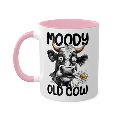 Taza de café divertida y colorida de 11 oz con la frase "Moody Old Cow"