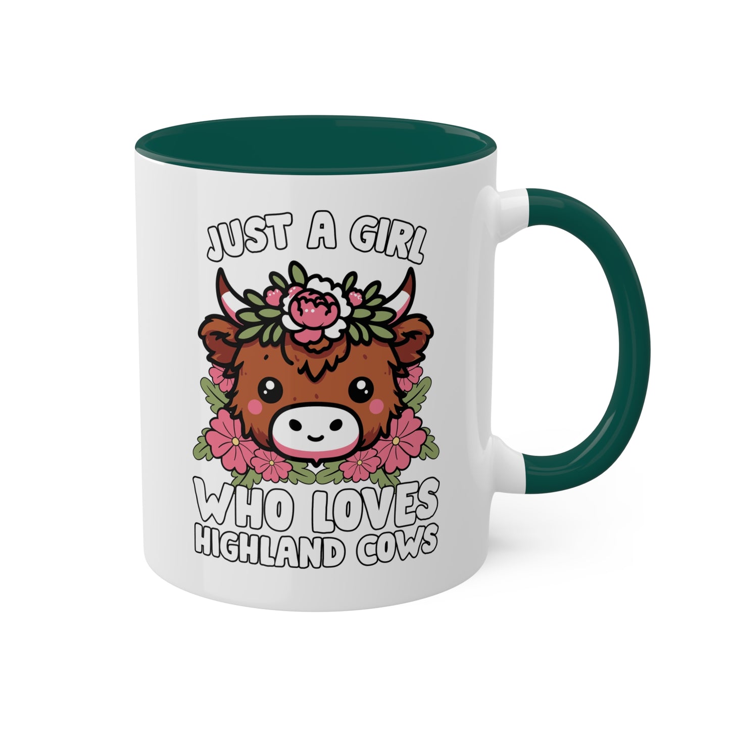 Solo una chica que ama las vacas de las Tierras Altas con flores rosas - Taza colorida de 11 oz