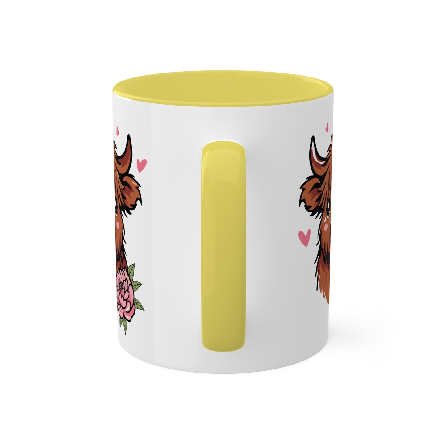 Cute Highland Cow With Flower and Pink Hearts - 11oz Colorful Mug