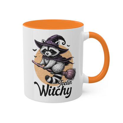 Siéntete como una bruja con un adorable mapache: taza colorida de Halloween de 11 oz