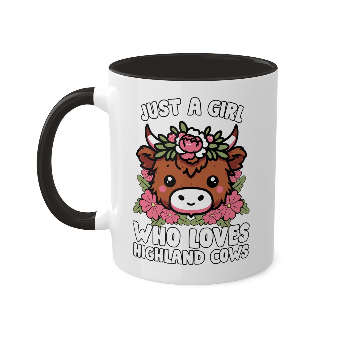 Solo una chica que ama las vacas de las Tierras Altas con flores rosas - Taza colorida de 11 oz