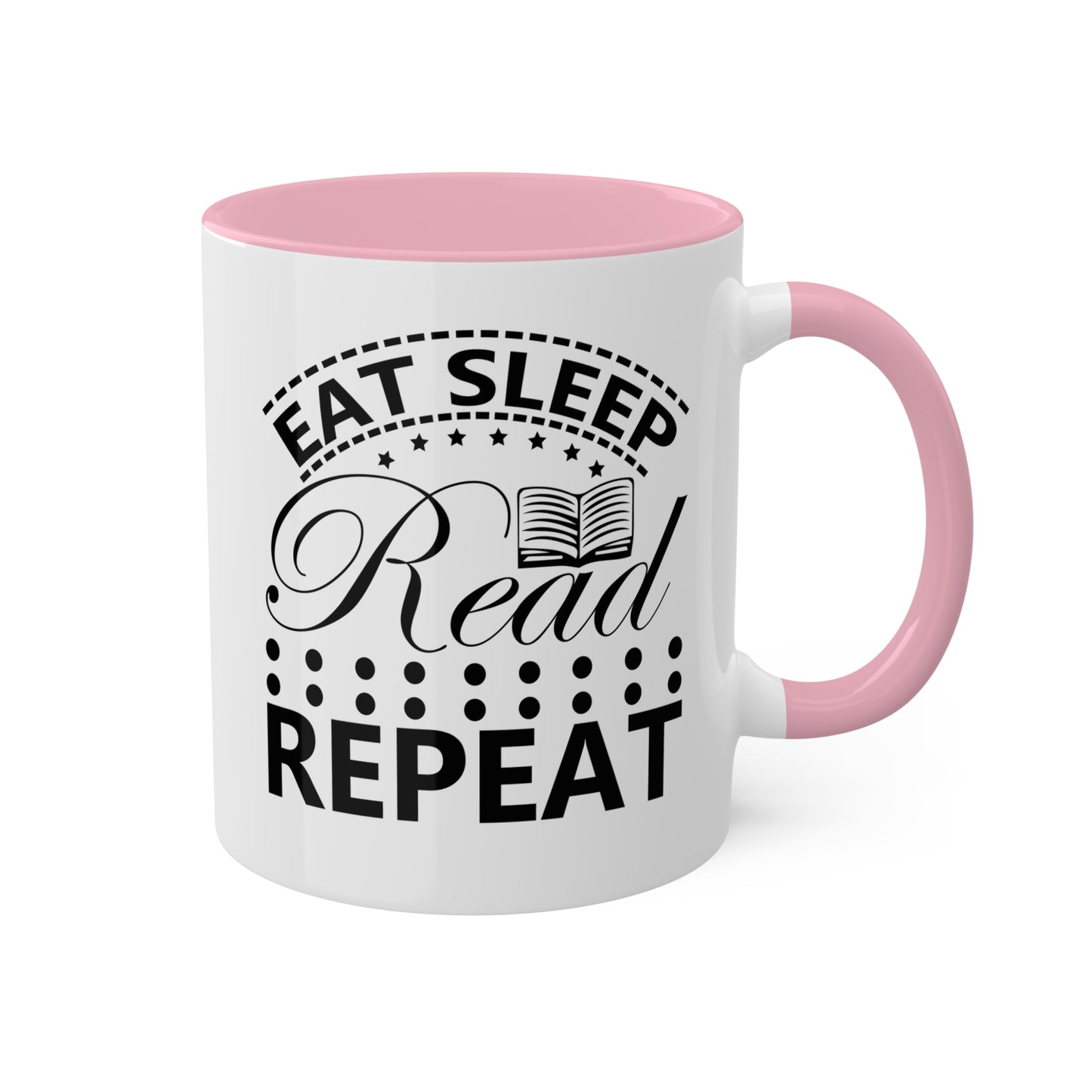 Taza divertida y colorida de 11 oz que dice "Come, duerme, lee y repite"