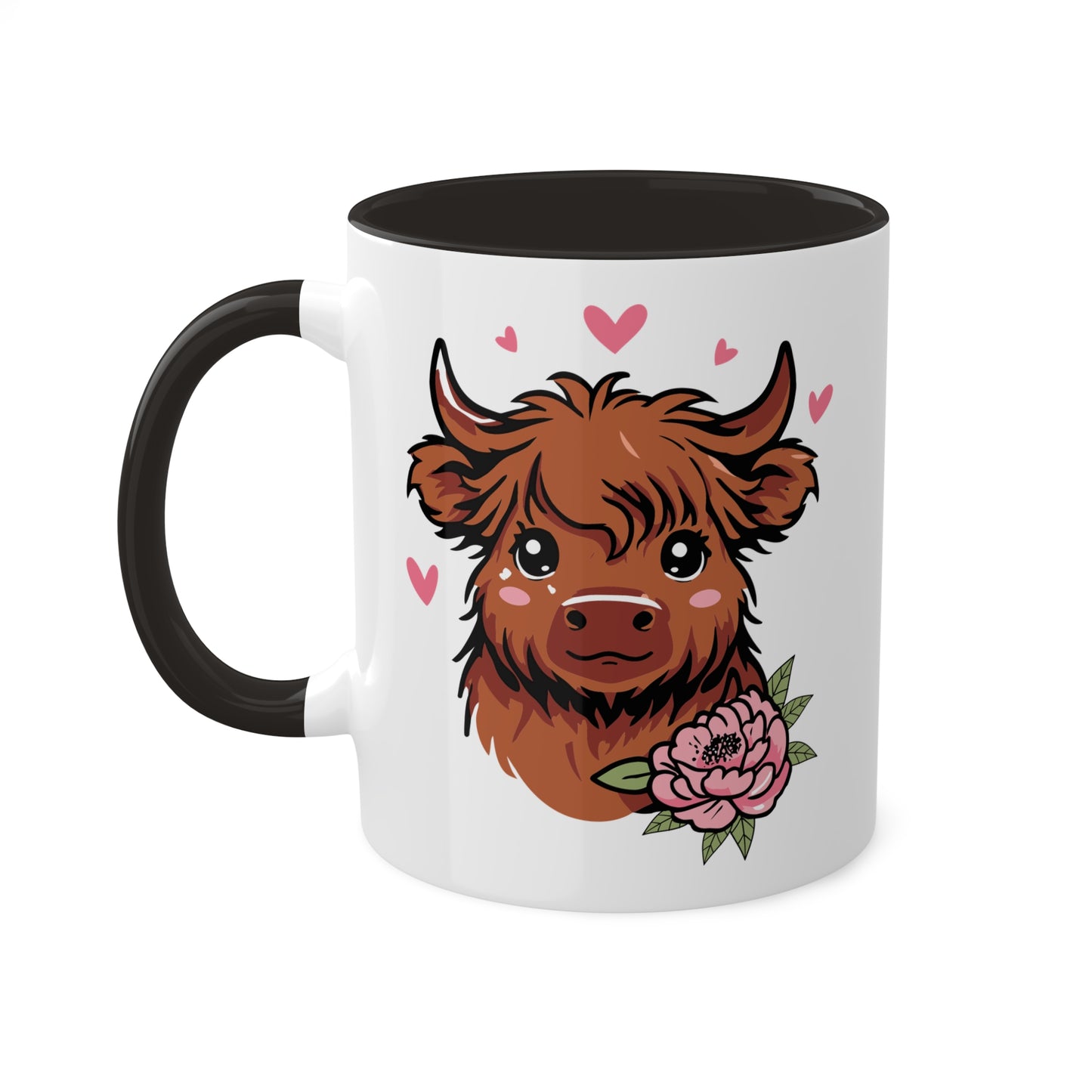 Cute Highland Cow With Flower and Pink Hearts - 11oz Colorful Mug