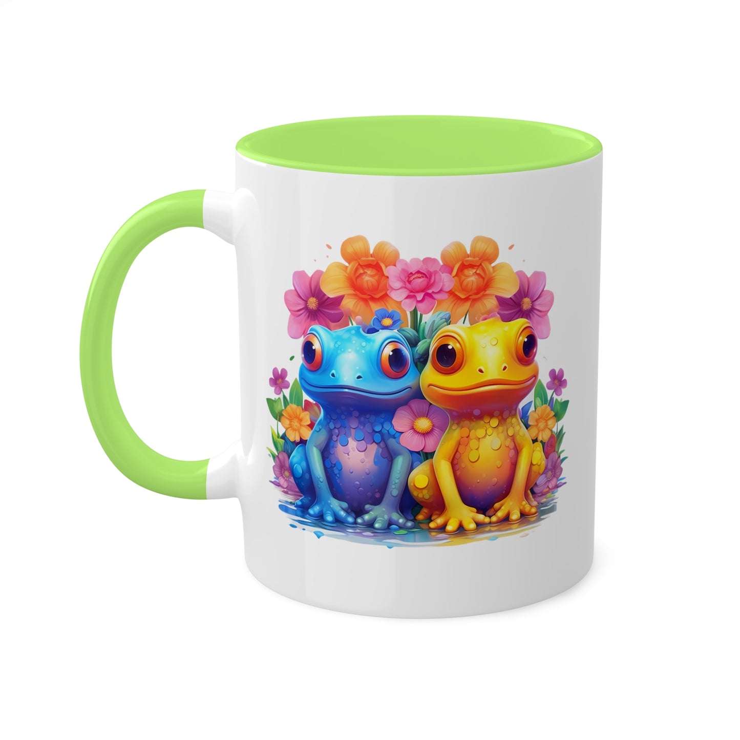 Dos adorables ranitas sentadas en un jardín - Taza de café colorida de 11 oz